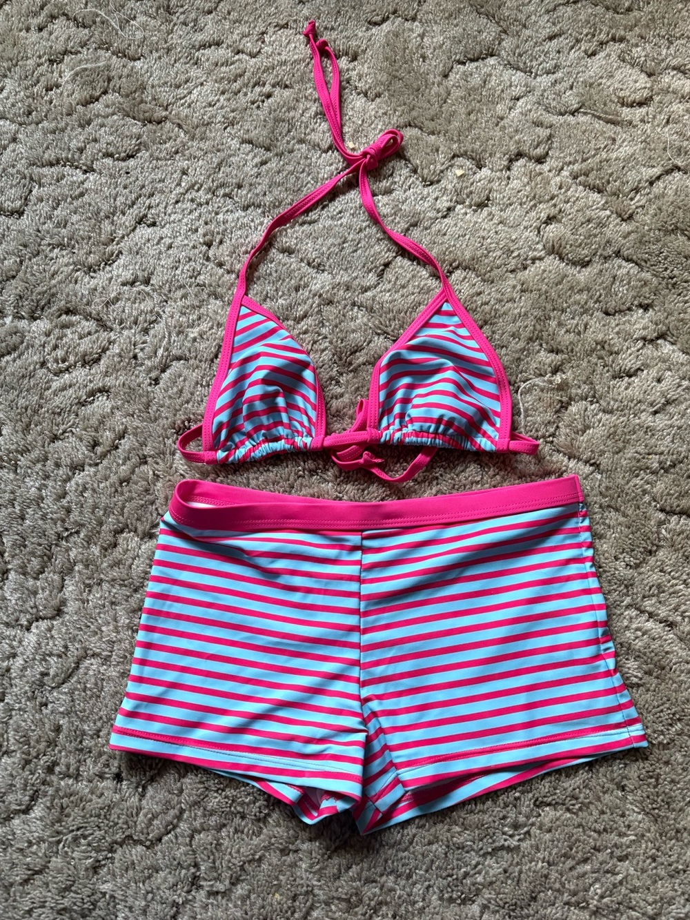Pink and Light Blue Striped Triangle Bikini Set
